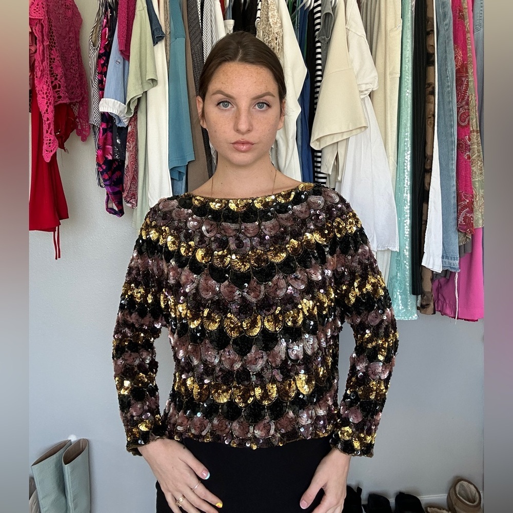 Vintage Silk Sequin Top Black Gold Bronze 80s Glam Size L
